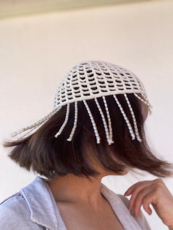 【PEARLY GATES】Women's Smile Crochet Knit Hat Pearls Embellished Hand Knitted Hat With Fringe -hat With