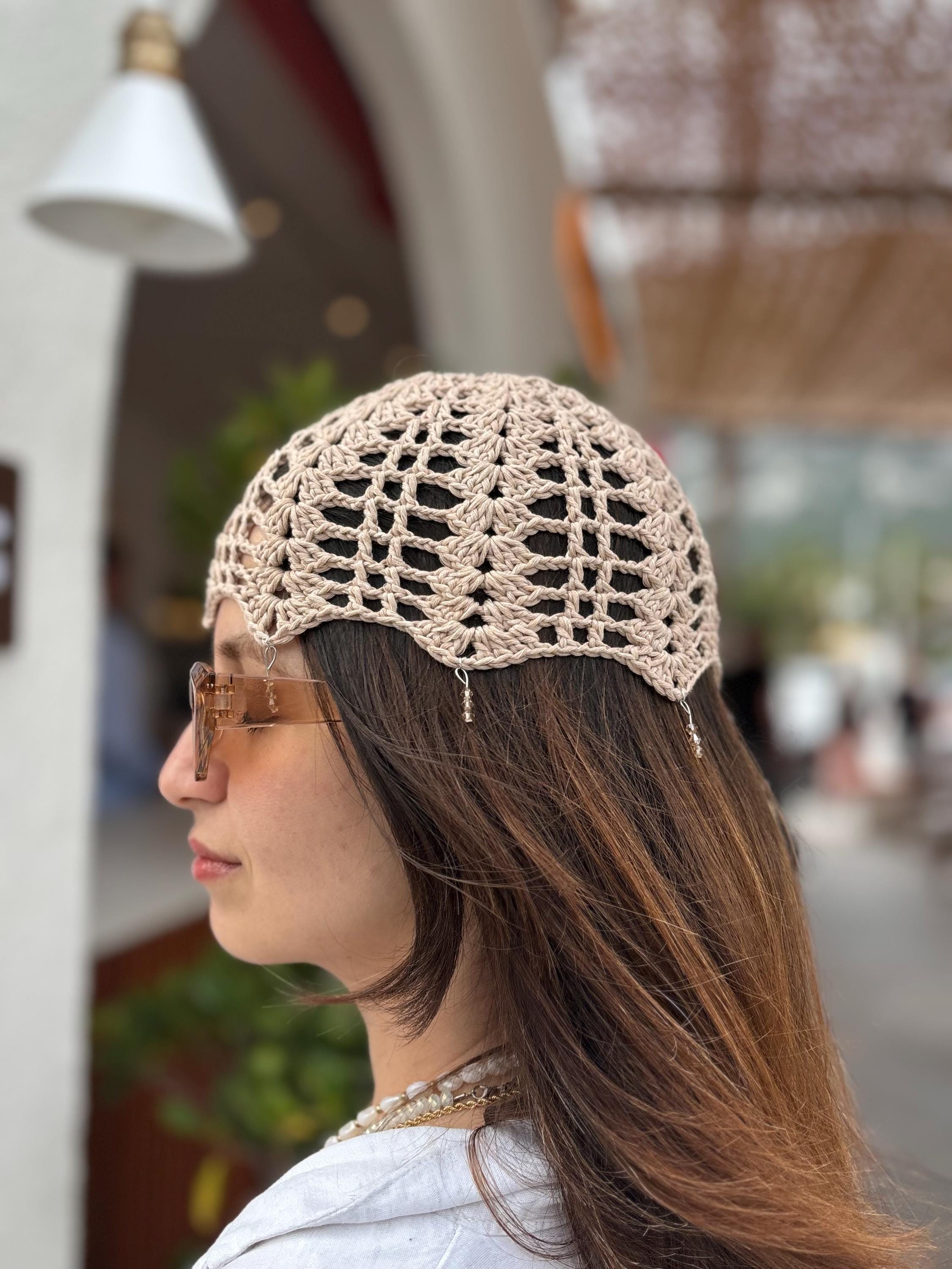 Beige Crochet Lace Skull Cap, Knit Netted Headpiece Vintage
