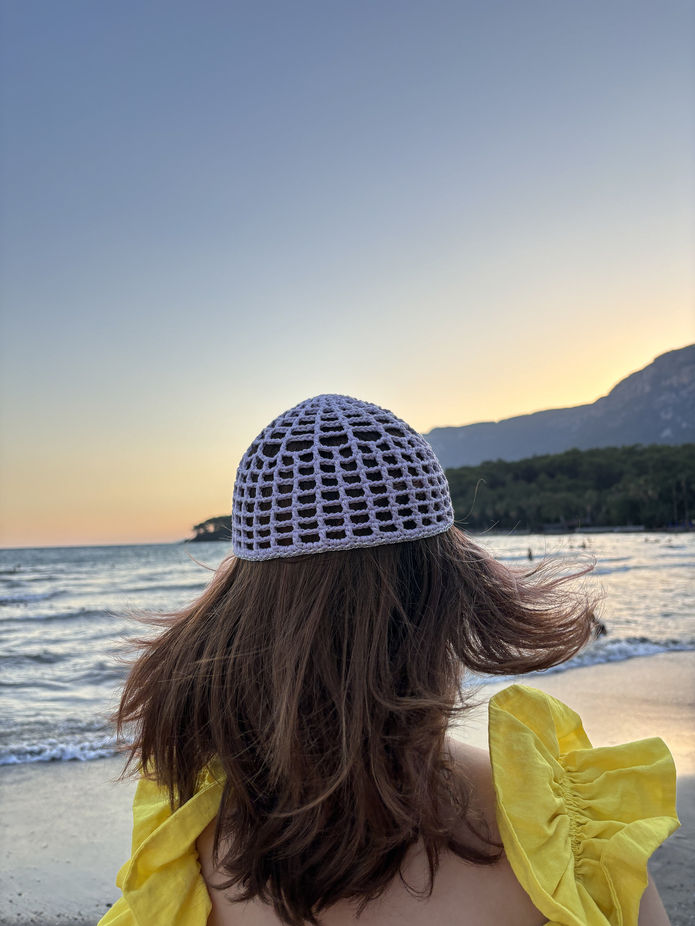 Purple Crochet Mesh Beanie, Silver Star Charms, Summer Skull Cap
