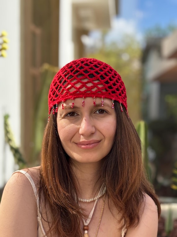 Red Womens Summer Crochet Skull Cap Beanie, Beaded Mesh Hat  display picture 3