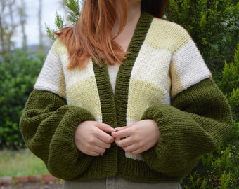 Patchwork Cardigan Sweater Green 