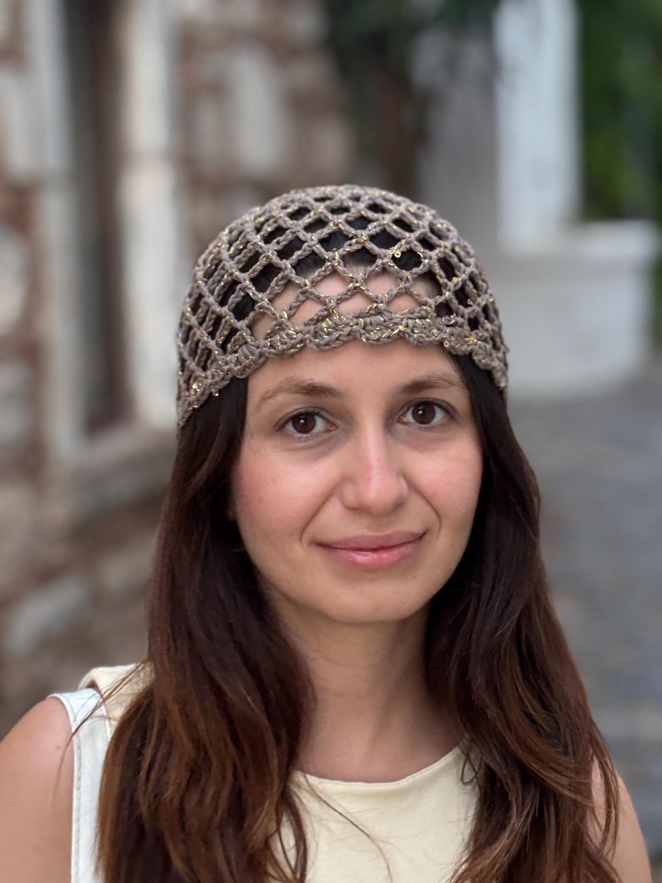 Handmade Sequin Crochet Hair Net, Boho Skull Cap, Taupe Openwork