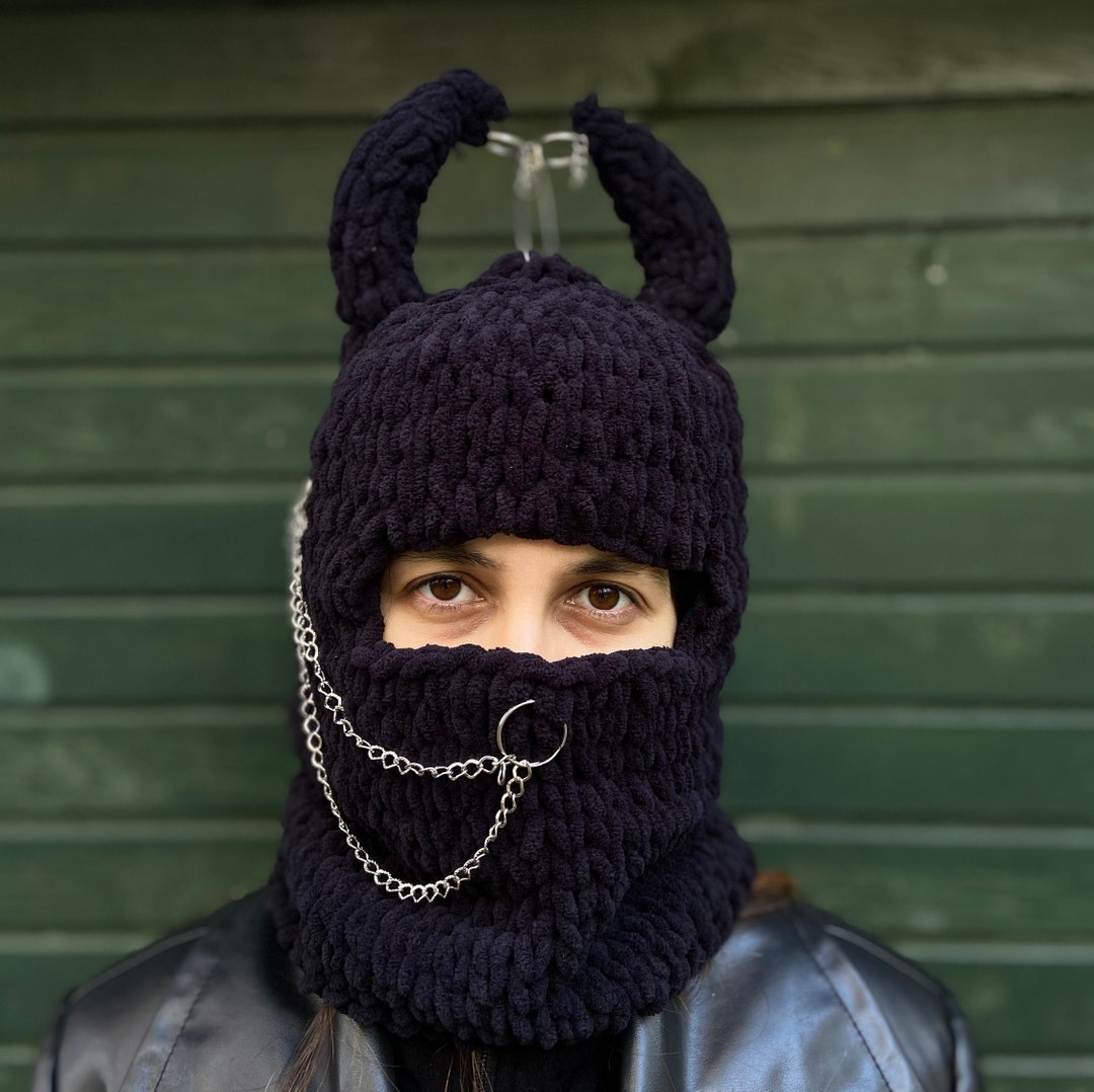 Demon Horns Balaclava Devil Horns Knit Ski Mask Hat With Etsy