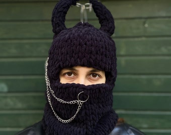 Demon Horns Balaclava, Devil Horns Knit Ski Mask, Hat With Ears