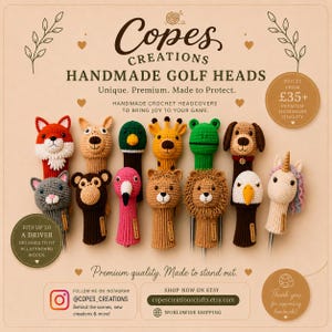 Könnte beinhalten: Eine Sammlung handgefertigter Golfschlägerhauben aus Häkelarbeit mit verschiedenen Tiermotiven wie Fuchs, Katze, Affe, Flamingo, Giraffe, Löwe, Adler und Einhorn. Der Text Copes Creations Handmade Golf Heads ist oben im Bild zu sehen.