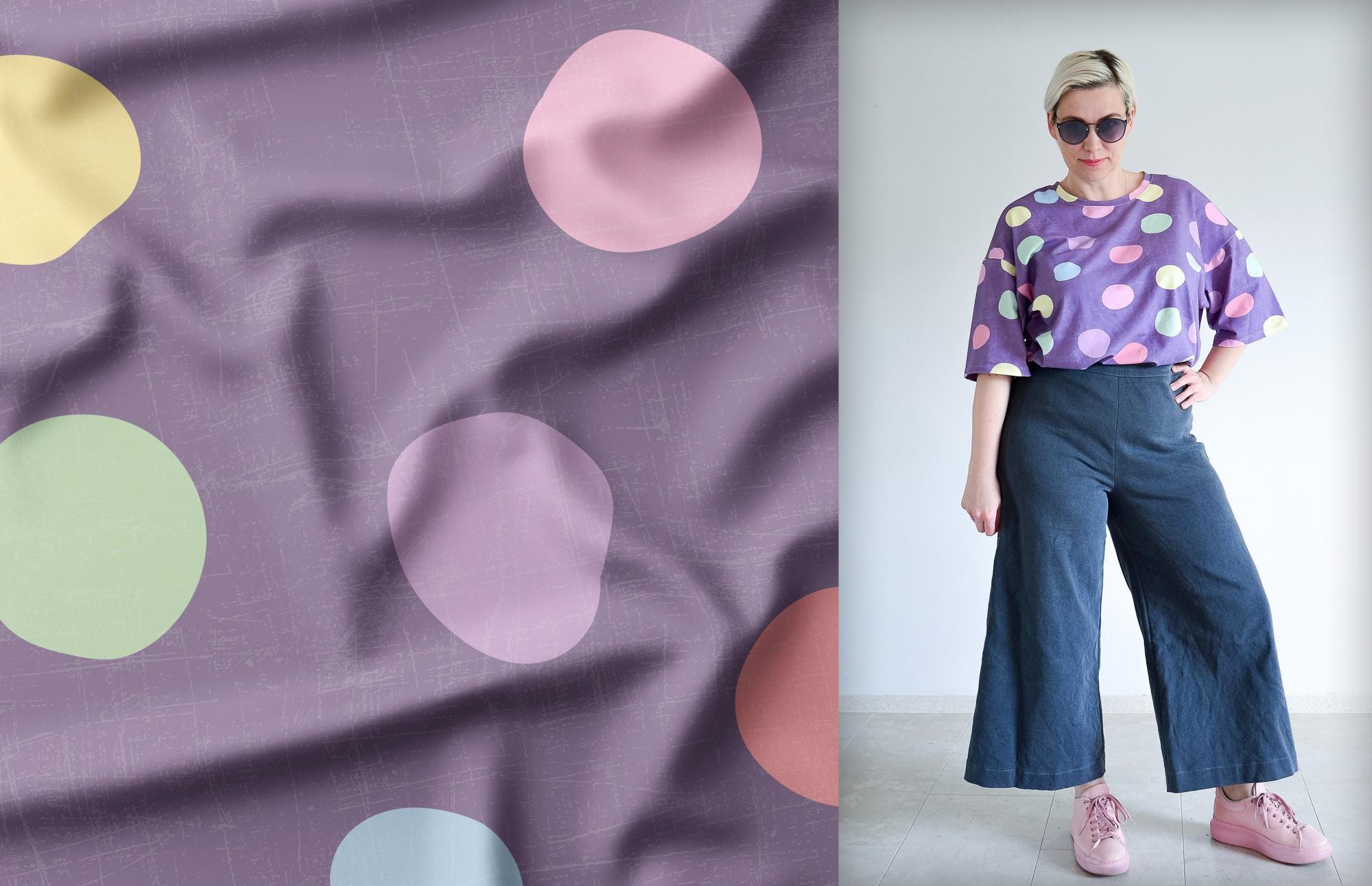 Lila Jersey Stoff Gepunktet Bio Baumwolle Flanell Punkte Lila Blau