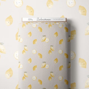 Cotton jersey fabric sugar lemons fool's gold design beige yellow 160 cm WB in-house production