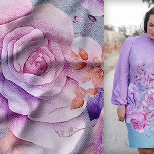 Cotton jersey fabric Julina border roses flowers gradient blue pink 160 cm WB own production