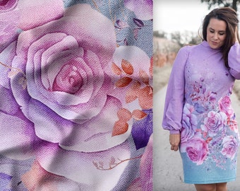 Cotton jersey fabric Julina with rose and flower border, blue and pink gradient, 160 cm wide, own production
