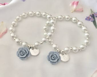 Dusty blue bracelet flower girl gift slate blue bracelet steel blue pearl bracelet little girl gift smoky blue bracelet for toddler girl