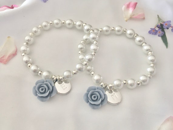 Dusty blue bracelet flower girl gift slate blue bracelet steel blue pearl bracelet little girl gift smoky blue bracelet for toddler girl