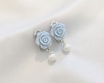 Flower girl clip ons with pearl light blue flower girl gift sky blue earrings little girl gift little girl clip ons earrings flower clip ons