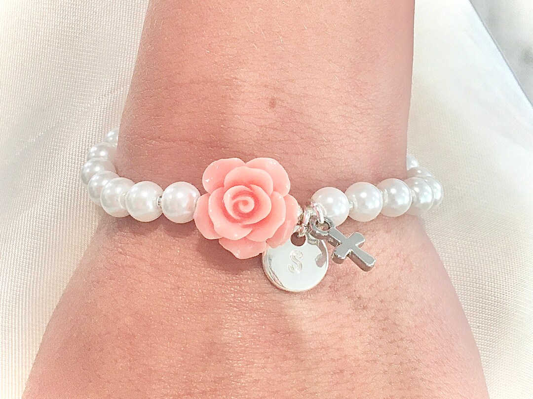 First Communion Bracelet Flower Bracelet Cross Baptism Gift Girl Gift
