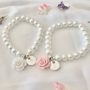 White or pink flower girl bracelet flower girl gift idea toddler flower girl jewelry little girl baby girl first birthday photoshoot baby