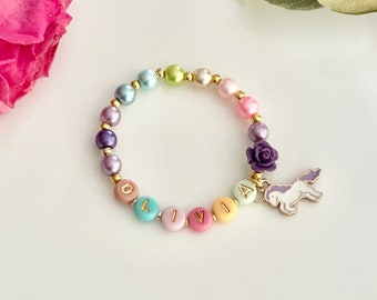 Unicorn bracelet gifts for girls unicorn girl beaded bracelet girl unicorn birthday gift girl name bracelet girls name unicorn party favors
