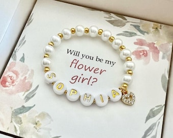 Will you be my flower girl proposal gift flower girl bracelet little girl bracelet custom beaded name bracelet wedding party gift box