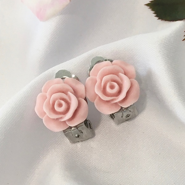 Pink clip ons earrings pink flower girl gift pink earrings little girl gift pink little girl clip ons earrings pink flower clip ons