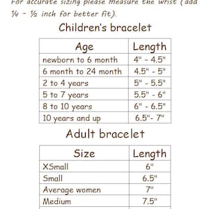 May include: A chart showing bracelet sizing for children and adults. The chart lists age ranges for children and corresponding bracelet lengths in inches. For adults, the chart lists sizes from X-Small to XX-Large and corresponding bracelet lengths in inches.