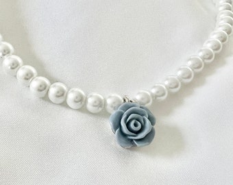 Dusty blue flower pearl necklace with a flower classic pearl choker necklace flower girl pearl necklace flower girl gift for flower girl