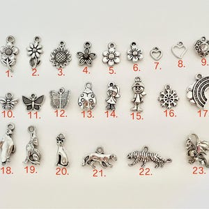 May include: Twenty-three silver charm pendants with various designs, including flowers, animals, and abstract shapes. The charms are numbered 1 through 23.