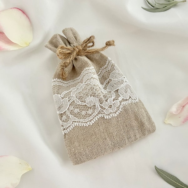 ADD-ONS Natural linen bag with a white lace gift bag for baptism, first communion, wedding or birthday unique gift bag natural gift wrapping