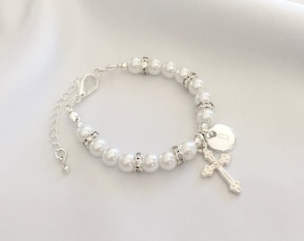 Pulsera de bautizo con extensor, regalo de bautizo para niña o niño, regalo católico, regalo de bautizo para ahijada, regalo de la madrina o la abuela, pulsera de bautizo para bebé