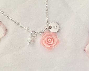 Blush pink flower girl handmade necklace gift her flower initial necklace gift little girl pink flower necklace flower girl gift flower girl