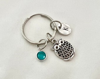 Personalized owl keychain initial owl charm key chain owl lover gift owl key ring, bird charm keychain bird charm key chain bird lover gift