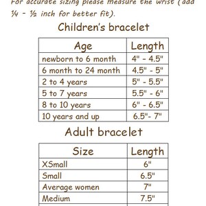 May include: A chart showing bracelet sizing for children and adults. The chart lists age ranges for children and corresponding bracelet lengths in inches. For adults, the chart lists sizes from X-Small to XX-Large and corresponding bracelet lengths in inches.