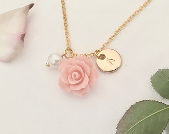 Gold blush pink necklace flower girl gift flower girl necklace gift little girl pink flower necklace blush pink wedding gift flower girl