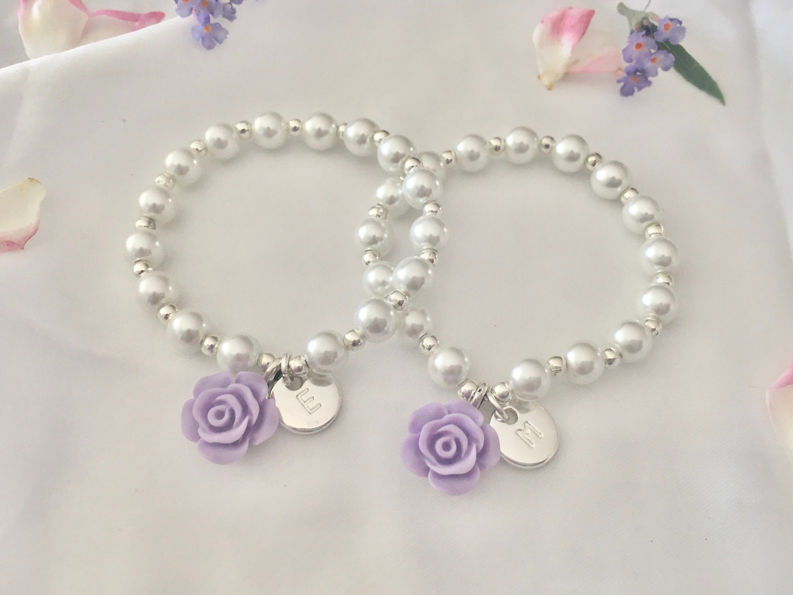 Purple flower girl dresses and jewelry - lavender flower girl bracelet