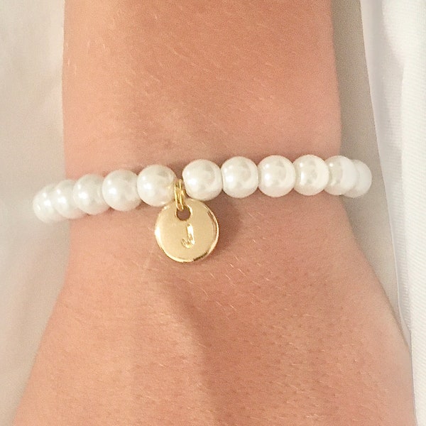 White pearl bracelet wedding initial bridesmaid wedding bracelet flower girl gift white flower girl bracelet little girl gift flower girl