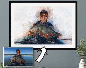 May include: A watercolor painting of a person holding a fish. The person is wearing sunglasses and a hat. The background is a blurred watercolor wash of blue and green.