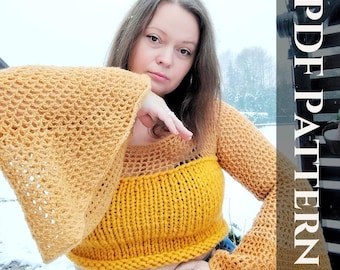 Patrón de top corto de crochet con mangas acampanadas: Flower Power de los años 70 (patrón PDF)