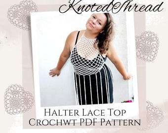 Prosty koronkowy top typu halter w formacie PDF - szydełkowy model - wykonany na miarę, długości do naśladowania pisemna instrukcja