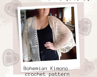 Wzór PDF na kimono z koronką Boho Crochet, Rewelacyjny kardigan Digital Instrukcja, natychmiastowe pobranie