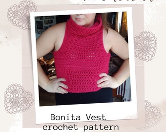 Patrón PDF de blusa de cuello vuelto a crochet, patrón PDF de chaleco de crochet BonitaVest, patrón digital para chaleco de crochet, patrón de chaleco de crochet con cuello vuelto