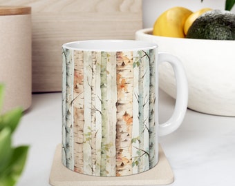 Birch Tree 11 oz Mug, Birch Bark Mug, Watercolor Birch mug. Gift for coffee lover, tea lover, cocoa lover. Ceramic 11oz Mug