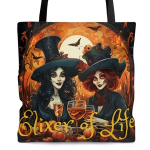 Halloween Tote  Bag, Witches and wine, &quot;Elixer of Life&quot; Tote Bag, Wine lover tote