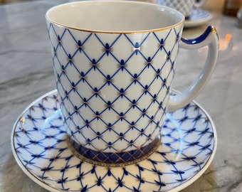 Vintage Lomonosov Blue and White Coffee or Tea Mugs and Saucers w Hand Painted Gold Accents - Fine China