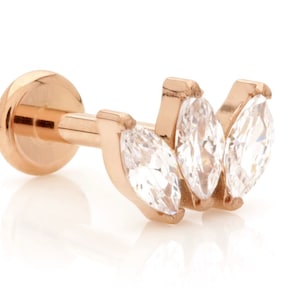 ASTM:F-136 Rose Gold PVD Titanium Threadless Labret Stud With 3 CZ Marquise Fan Attachment - 1.2mm - 16G
