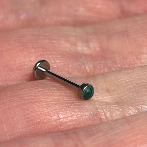 ASTM:F-136 Medical Grade 1.2mm Internal Titanium Micro Labret Stud With 3mm Bezel Set Malachite Top - Cartilage, Tragus, Helix