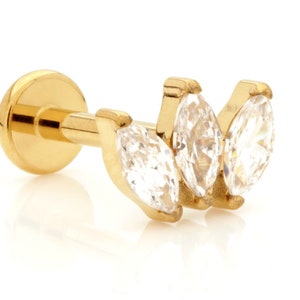 ASTM:F-136 Zircon Gold PVD Titanium Threadless Labret Stud With 3 CZ Marquise Fan Attachment - 1.2mm - 16G