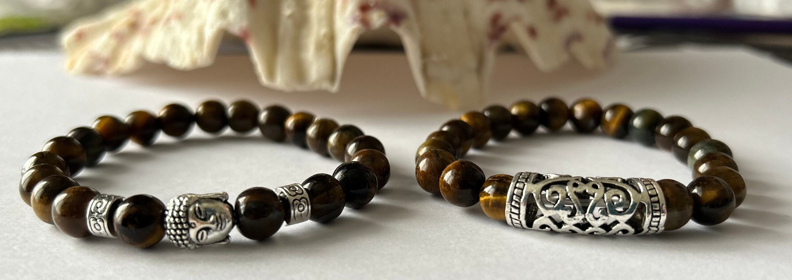 Beautiful Tigers Eye Natural Stone Bead Bracelet Set ~ Buddha Head ~ Chakra Energy