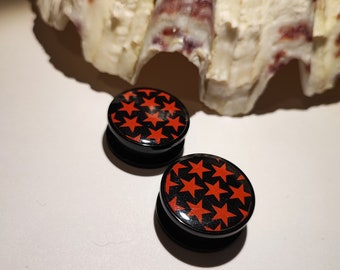 Black Flesh Plug with Cream or Red Stars Ear Stretcher Tunnel Screw Fit Acrylic Plastic