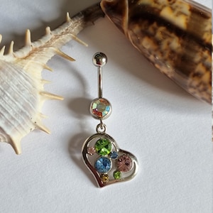 Pretty Surgical Steel 316L ~ Belly/Naval Bar ~ Heart Type design with multi colour Crystals