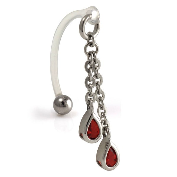 Surgical Steel Double Tear Drop Gems On Chain With Bioplast Curved Bar - Female Intimate Christina Bar - 1.6mm 14G - Clear Red or Pink