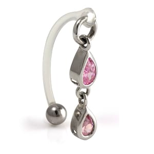 Surgical Steel Double Tear Drop Gem On Bioplast Curved Bar - Female Intimate Christina Bar - 1.6mm 14G - Clear Red or Pink