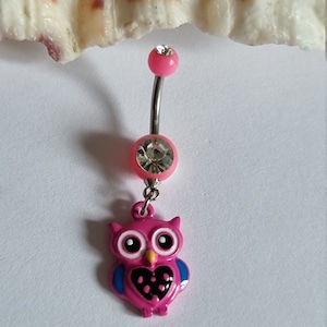 Cute Surgical Steel Belly / Naval Bar ~ Dropper style with Owl ~ Pink ~ Cubic Zirconia