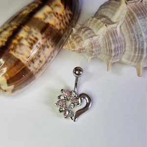 Pretty Surgical Steel 316L ~ Belly/Naval Bar ~ Heart design with Pink & Clear Crystal Detail